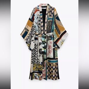 Zara Satin Colorful Boho Vibes Floral Printed Belted Kimono Duster XS